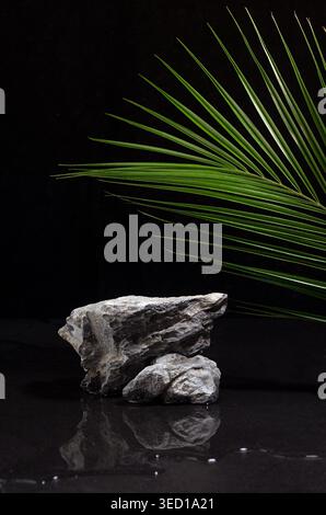 Elegantes Podium aus rauem Naturstein mit grünem Palmblatt, Wasser als Strand in der frischen Sommernacht für die Präsentation von Verpackungen, Produkt auf schwarzem Hintergrund, vertikal. Stockfoto
