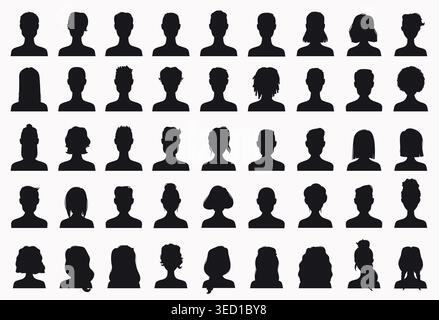Schwarze Silhouette mit Avatar-Profil und verschiedenen Kopfsymbolen und Gesichtern. Flache Vektorsammlung von monochromen Piktogrammen isolierte Elemente für den Benutzer Stock Vektor