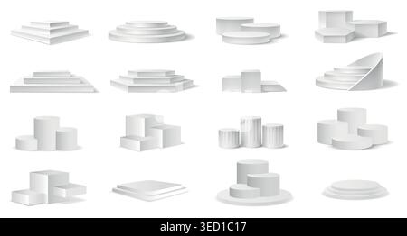 Podiumsockel realistisches 3D-Set mit verschiedenen geometrischen Formen und Schatten. Vektorsammlung von weißen leeren Plattformen für Preisverleihungsmodelle Stock Vektor