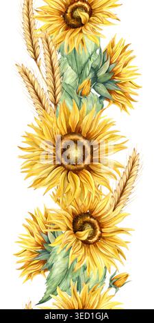 Nahtloser Rand mit Sonnenblumen in Aquarellfarben. Handgezeichneter botanischer vertikaler Rahmen Illustration von gelben Blumen, grünen Blättern und Weizenohren isoliert von Stockfoto