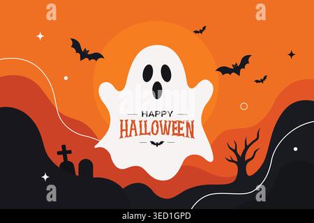 Happy Halloween Hintergrund Vektor – niedlicher Geist, Fledermäuse und Spooky Night Illustration Stock Vektor