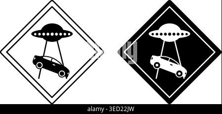 Keine Parkschilder. Humorvolle Straßenschilder. Nimmt Auto, Alien-Schiff. Schwarzweiß-Vektorsymbole Stock Vektor