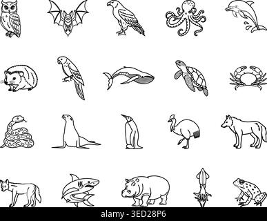 Tiersymbole. Vektorillustrationen von Eulen, Fledermaus, Adler, Oktopus, Delfinen Igel, Papagei, Wal, Schildkröte, Krabbe, Schlange, Pinguin, Cassowary, Wolf, Hai Stock Vektor