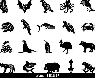 Schwarze Tiersymbole. Vektorillustrationen Von Eulen, Fledermaus, Adler, Oktopus, Delfinen Igel, Papagei, Wal, Schildkröte, Krabbe, Schlange, Pinguin, Cassowary, Wolf, Stock Vektor