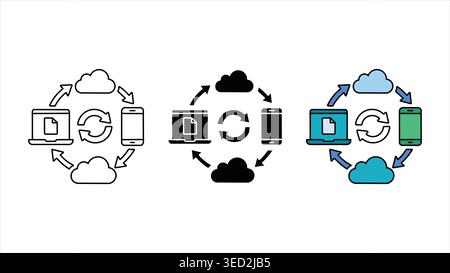 Symbolsatz für die Cloud-Synchronisierung umreißen die Synchronisierung von Vektordaten zwischen Laptop und Smartphone für die Web-App-benutzeroberfläche Stock Vektor