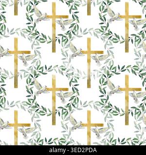Handgezeichnetes, nahtloses Aquarellmuster mit goldenen christlichen Kreuzen, weißen fliegenden Tauben und grünen Olivenblattkränzen. Ein religiöses spirituelles Ornament Stockfoto