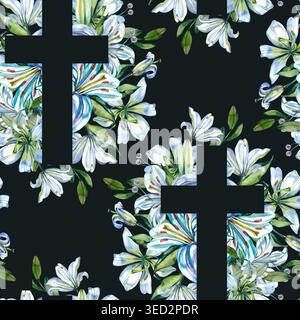 Elegantes nahtloses Muster mit weißem christlichem Kreuz, umgeben von handgezeichneten blauen Lilien und grünen Blättern. Perfekt für Ostern Stockfoto