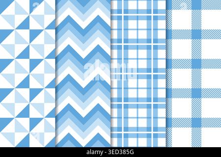 Pastellblau Weiß Nahtloses Muster Set Geometric Chevron Triangle Plaid Stock Vektor