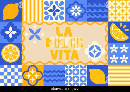 Italienische Keramikfliesen. Mediterrane Porzellankeramik in blauen, weißen und gelben Farben. Geometrische ethnische Ornamente. Traditioneller mediterraner Stil. Vektorillustration für Web, Banner, Flyer, Druck Stock Vektor