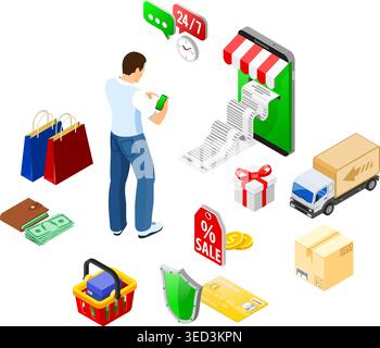 Smartphone mit Beleg, Geld, Kunde. Internet-Shopping und elektronische Online-Zahlungen Konzept. Isometrische Symbole. Vektorabbildung Stock Vektor