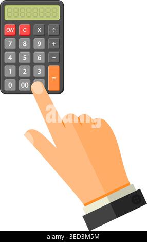 Berechnungs- und Zählkonzept. Mann hält Rechner in der Hand und macht Berechnungen. Flache Symbole. Isolierte Vektordarstellung Stock Vektor