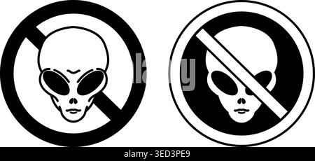 Keine Fremden Zeichen. Schwarzweiß-Vektorsymbole. Humorvolles Straßenschild. Keine UFOs. Keine Außerirdische Zivilisation Stock Vektor
