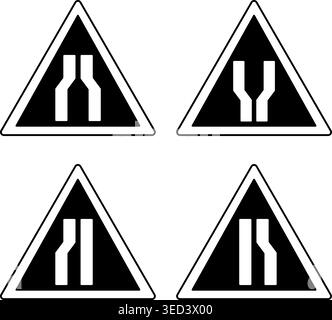 Schwarze Straßenschilder. Vektorsymbole. Straßenverengung, Straßenverengung, Straßenverengung Links, Straßenverengung Rechts Stock Vektor