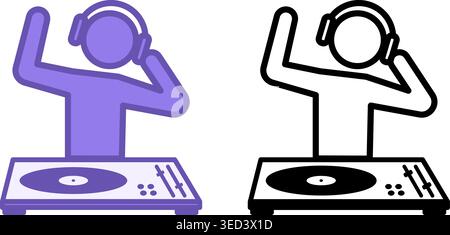 DJ-Symbole. Vektor-Illustrationen von Dancing DJ. DJ in Kopfhörern spielt auf DJ Mixer. Musikkonzept Stock Vektor