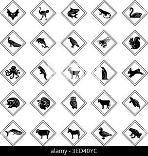 Straßenschilder Für Tierüberquerung. Vektorsymbole Fledermaus, Strauß, Hai, Iguana, Schwan, Pfau, Delfin, Adler, Biene, Eichhörnchen, Oktopus, Papagei, Ziege, Pinguin, Ra Stock Vektor