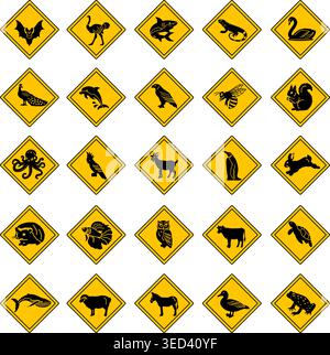 Gelbe Straßenschilder Animal Crossing. Vektorsymbole Fledermaus, Strauß, Hai, Iguana, Schwan, Pfau, Delfin, Adler, Biene, Eichhörnchen, Oktopus, Papagei und mehr Stock Vektor