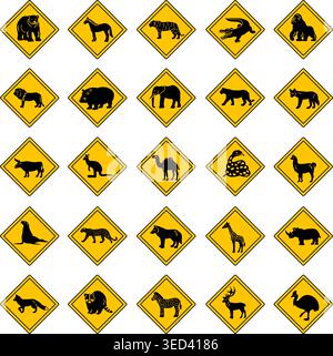 Gelbe Straße Zeigt Wild Animal Crossing. Vektorsymbole Bär, Pferd, Tiger, Krokodil, Gorilla, Löwe, Flusspferde, Elefant, Panther, Kojote, und vieles mehr Stock Vektor