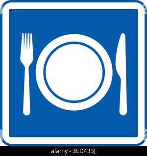 Blaues Cafeteria-Schild. Vektorabbildung. Catering Point im Krankenhausgebäude. Platte, Gabel und Messer. Straßenschild oder Aufkleber Stock Vektor
