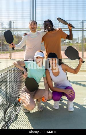 Verschiedene Freunde genießen Pickleball auf dem Platz und posieren gemeinsam Stockfoto