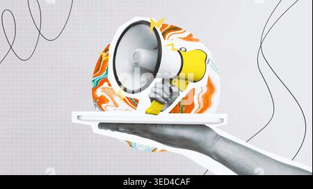 Collage mit Megaphone-Händen und lebendigen Designs Stockfoto