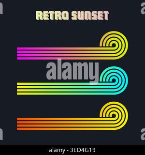 Farbenfroher Sonnenuntergang im Vintage-Stil. Verschiedene gestreifte Sonnenaufgangsabzeichen im Stil der 80er und 90er Jahre. Blick auf Sonne und Meer, Sommerstimmung, Surfen. Designelement für Stock Vektor