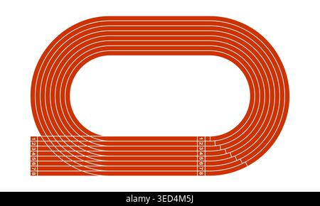 Sportstadion mit roten Laufbahnen und Zahlen in der Draufsicht. Einfache Vorlage für die Rennstrecke für Sprint, Marathon oder andere sportliche Wettkämpfe, isoliert auf weißem Hintergrund. Illustration der Vektorabwicklung. Stock Vektor
