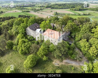 Luftaufnahme von Schloss Friedingen, Friedinger Schloessle oder Hohenfriedingen in Hegau, Bezirk Konstanz, Baden-Württemberg Stockfoto
