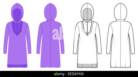Langärmeliges Kapuzenkleid mit dekorativem Ausschnitt, entspannter Silhouette, klare Konstruktionslinien, weiche Form und minimaler Struktur. Technische Modesillustration in Schwarzweiß, Vorderansicht hinten, CAD-Vorlage. Vektorabbildung Stock Vektor