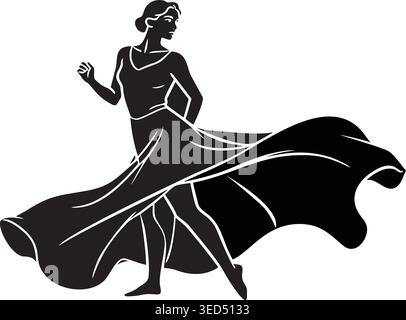Elegante Vektor-Silhouette einer Frau, die in einem fließenden langen Kleid tanzt und anmutige Bewegungen und künstlerischen Ausdruck einfängt Stock Vektor
