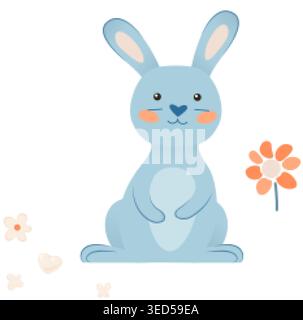 Kaninchenkarte auf weiß. Süßer Osterhase mit Blumen, die auf Ostern warten. Stock Vektor