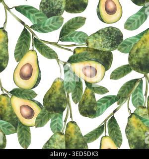 Nahtloses Muster mit Avocadozweigen in Aquarellfarben. Reife ganze Früchte, die zur Hälfte geschnitten sind und Samen zeigen. Botanische handgezeichnete Illustration isoliert vom Hintergrund für Stockfoto