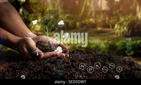 Nahaufnahme einer Person, die reichlich Boden mit einer jungen Pflanze in der Mitte der Symbole und Mineralien hält. Konzept der grünen Welt Erde Tag. Smart Far Stockfoto