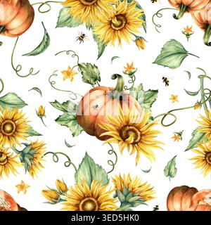 Nahtloses Muster mit Sonnenblumenkürbis. Gelbe Blüten, Herbstgemüse, Hummel, Blätter wiederholen die Zusammensetzung. Handgezeichnete Botanik Stockfoto
