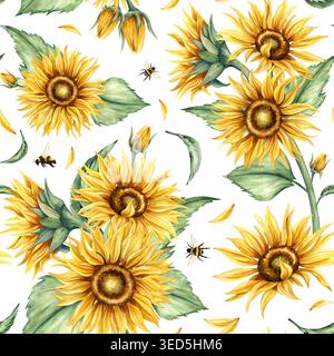Nahtloses Sonnenblumenmuster in Aquarellfarben. Gelbe Blüten mit Hummel-Wiederholungszusammensetzung. Handgezeichnete botanische Illustration isoliert auf weiß Stockfoto