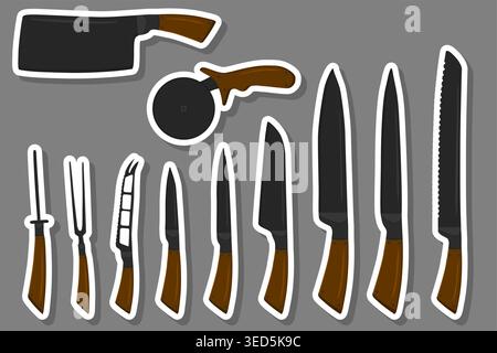 Illustration zum Thema großes farbiges Set verschiedene Arten Messer unterschiedliche Größe für Metzger, Kit-Messermuster bestehend aus Sammlungszubehör für die Metzgerei Stock Vektor