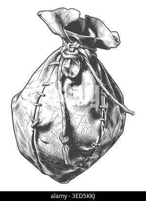Eine klassische Gravur einer hohen, handgebundenen Ledertasche. Perfekt geeignet für Apothekengeschäfte, traditionelle Verpackungen im Vintage-Stil Stock Vektor
