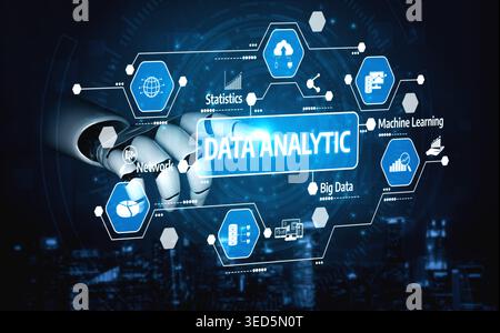Diese Abbildung veranschaulicht das Konzept der Datenanalyse durch eine Kombination aus Technologie und künstlicher Intelligenz, wobei verschiedene datenbezogene Elemente dargestellt werden Stockfoto