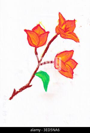 Hand gezeichneter orangefarbener Blumenzweig mit grünem Blatt auf weißem Hintergrund. Einfache bunte Illustration mit Blumenstiel und drei orangefarbenen Blüten Stockfoto