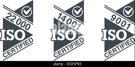 ISO 9001, 14001 und 22000 zertifizierter flacher quadratischer Stempelsatz - Qualitätsmanagementsystem internationaler Standard Embleme Set - isolierte Vektorzeichen Stock Vektor