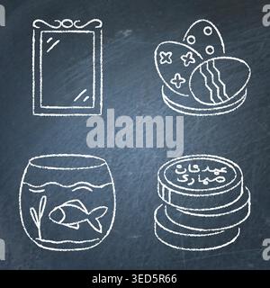 Attribute der Symbolgruppe Nowruz Feiertag Schwarzes Brett. Spiegel, bemalte Eier, goldene Münzen und Fischschalen-Symbole. Vektorabbildung. Stock Vektor