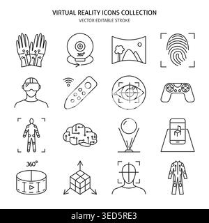 Virtual Reality-Symbol im linearen Stil gesetzt. Moderne Computertechnik Symbole Sammlung. Vektordarstellung mit bearbeitbarer Kontur. Stock Vektor