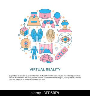 Virtual Reality rundes Konzeptposter im farbigen Linienstil. Moderne Computertechnik Symbole. Vektorgrafik mit Textort. Stock Vektor