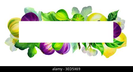 Rahmen mit Zitronen, Blumen, Feigenzweigen und Blättern. Aquarellisolierte handgezeichnete Illustration auf weißem Hintergrund. Stockfoto