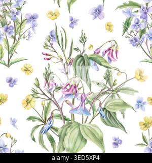 Ein nahtloses Aquarellmuster mit zarten Flieder- und gelben Blüten. Diese Illustration ist perfekt für Blumen-, Textil-, Haus- und Kinderdesign. Stockfoto
