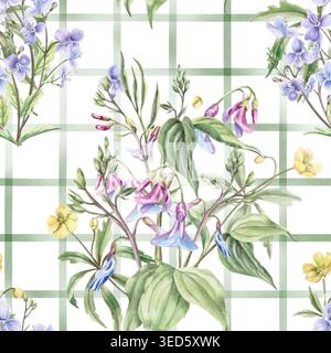 Ein nahtloses Aquarellmuster mit zarten Flieder- und gelben Blüten auf einem grün karierten Hintergrund. Die Abbildung ist für Blumenmuster geeignet Stockfoto