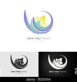 Blumengeschäft Logo-Kombination aus Mond, Sternen und Tulpenblüten Stock Vektor