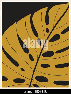 Minimalistisches Poster mit Monstera deliciosa-Blättern in Senfgelb und Schwarz, moderne tropische botanische Wandkunst für die Inneneinrichtung aus der Mitte des Jahrhunderts, Galerie Prin Stock Vektor