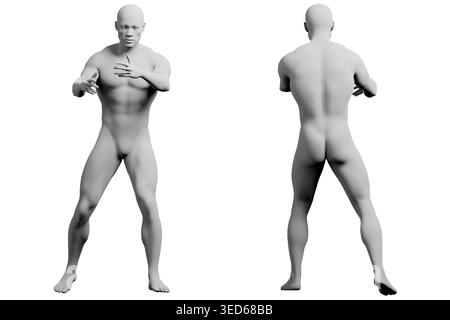 Ein männliches Modell steht selbstbewusst mit Händen auf den Hüften in einem weißen Studio und zeigt eine starke und selbstbewusste Haltung. Stockfoto