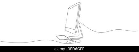 Computermonitor, Maus, Vektortechnologie Illustration in einer durchgehenden Linie. Bearbeitbare Zeile. Stock Vektor