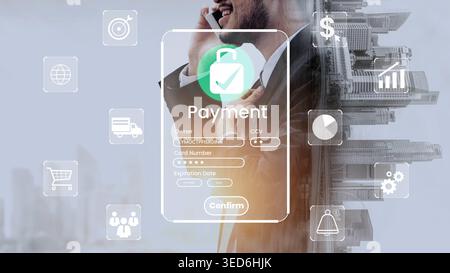 Zahlungsabwicklungskonzept mit Geschäftsmann am Telefon und digitalen Elementen für Online-Transaktionen und sichere Zahlungssysteme Gluon. Stockfoto